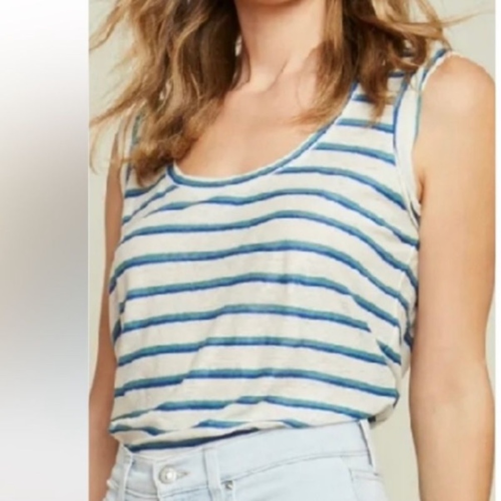 Veronica Beard ARION MUSCLE TEE in White, Green and Blue 100% Linen Size L